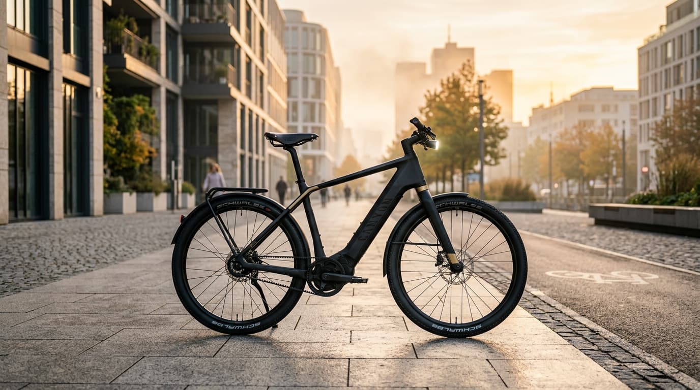 Bicicleta elétrica de design moderno estacionada em rua de cidade ao amanhecer, com névoa leve e iluminação suave.