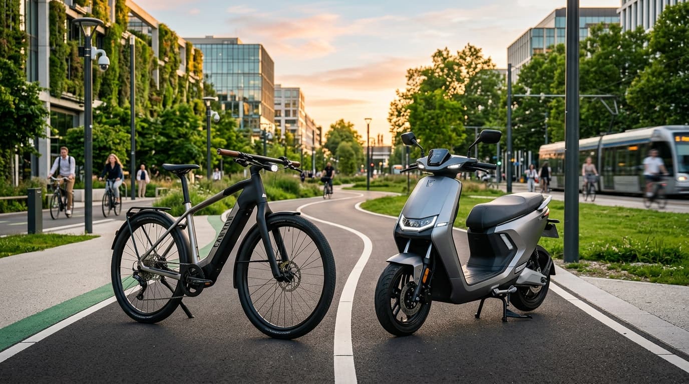 Pessoa pilotando veículo elétrico leve em ciclovia urbana moderna