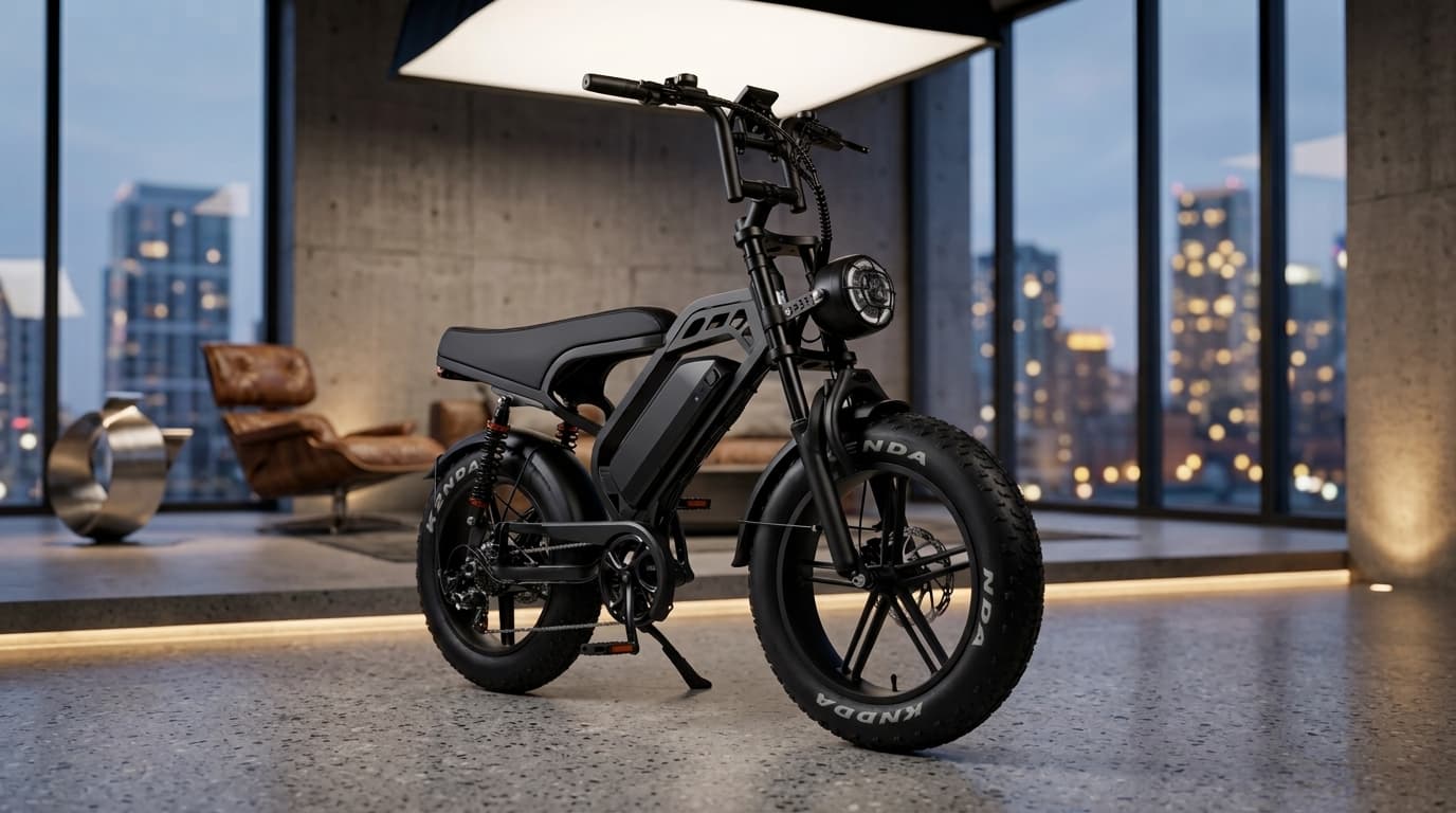 Bicicleta elétrica Inow V9 Max 1000W em uma rua urbana ensolarada.