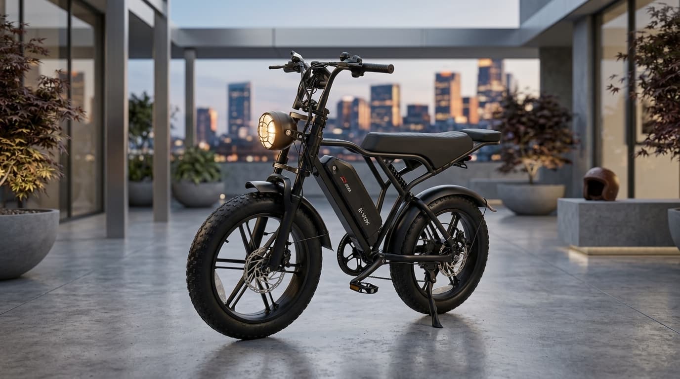Bicicleta Elétrica Duos E-Vok 1000w com bateria de lítio em ambiente urbano ao pôr do sol.