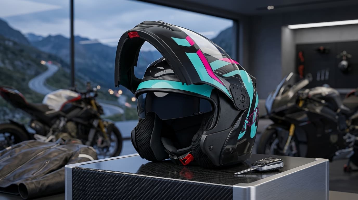 Capacete Mixs Gladiator Delta S na cor Azul Rosa Fosco com viseira levantada em ambiente urbano.