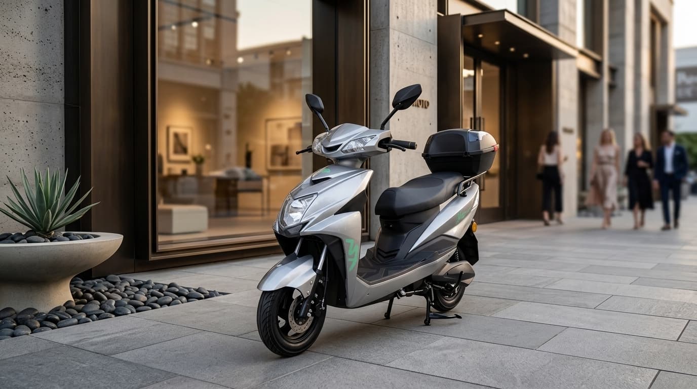 Scooter elétrica moderna de cor preta com detalhes em neon laranja estacionada em rua de paralelepípedos ao anoitecer.