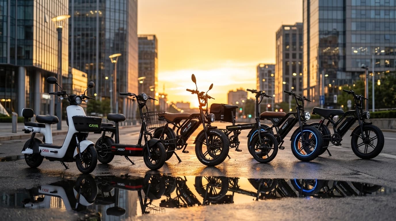 Diversas bicicletas e scooters elétricas enfileiradas para comparação de melhor custo-benefício.