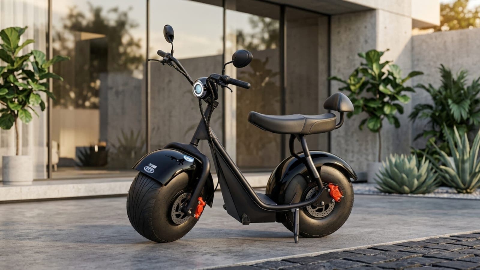 Scooter Elétrica Tui 1000W preta com design robusto e assento para dois lugares, estacionada em um ambiente urbano.